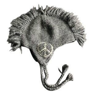 Nirvanna‎ Designs Hand Knit Gray Peace Sign Mohawk Hat